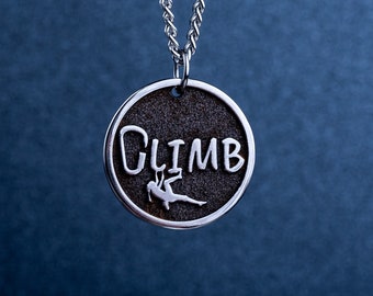 Custom Made Climb word Necklace with a Girl Rock Climber. Mountain Climber Jewelry. Climbing Gift Bouldering. Climb like a Girl