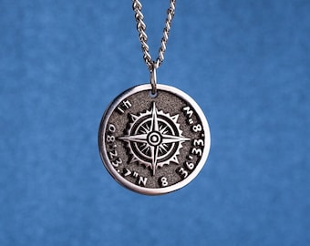 Custom Compass Pendant Customize Necklace with your own Coordinates Charm for Traveler Jewelry for Man Mountain Pendant for Fathers Day