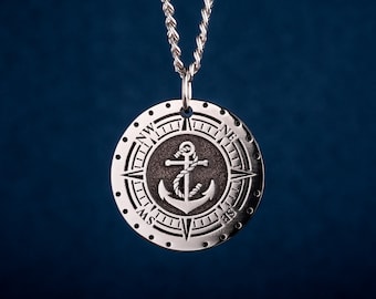 Anchor Pendant with Compass Custom Nautical Anchor Necklace for Boat Owner Gift Sailor Men's Necklace Mens Father's Day Gift for Him