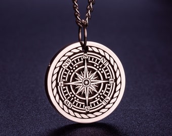 Direction Necklace Nautical Compass Pendant Personalized Guiding Star Pendant Wind Rose Necklace for Men Gift for Him Customize Backside