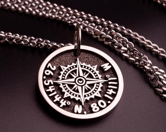 Mens Compass Necklace Personalize Coordinate Pendant with your coordinates or text. Custom Polaris Pendant North Star Gift for Fathers Day