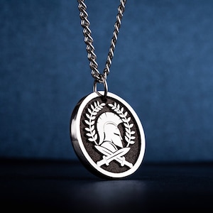 Spartan Gladiator Helmet Pendant, Greek Warrior Necklace, Men&#39;s Jewelry, Mens Dog tag, Gift for Him, Personalized Sparta Helmet Necklace