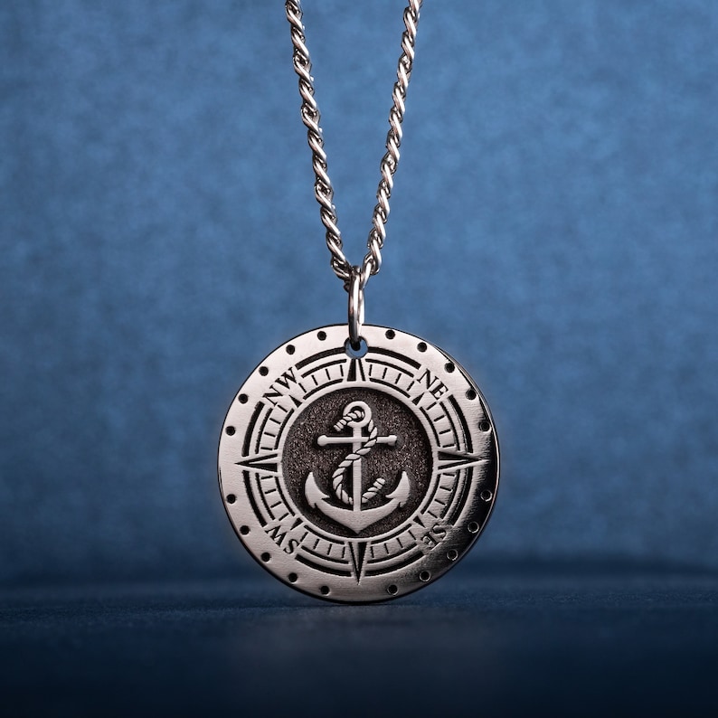 Anchor Pendant with Compass Custom Nautical Anchor Necklace for Boat Owner Gift Sailor Men's Necklace Mens Father's Day Gift for Him image 10