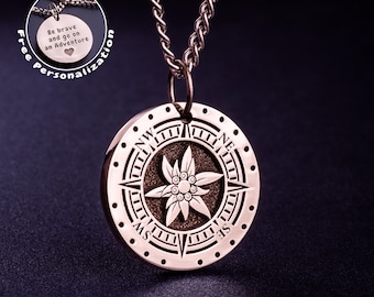 Hiking Necklace Edelweiss Pendant Compass Mountain Necklace for Woman Alpine Hiking Mountaineering Inspired Jewelry Alps Trail Gift for Man