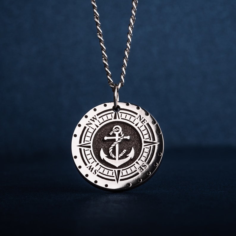 Anchor Pendant with Compass Custom Nautical Anchor Necklace for Boat Owner Gift Sailor Men's Necklace Mens Father's Day Gift for Him image 9