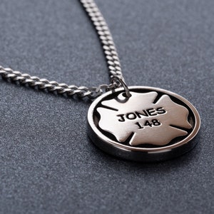 Firefighter&#39;s Personal Number and Name Necklace. Maltese Fire Department Cross