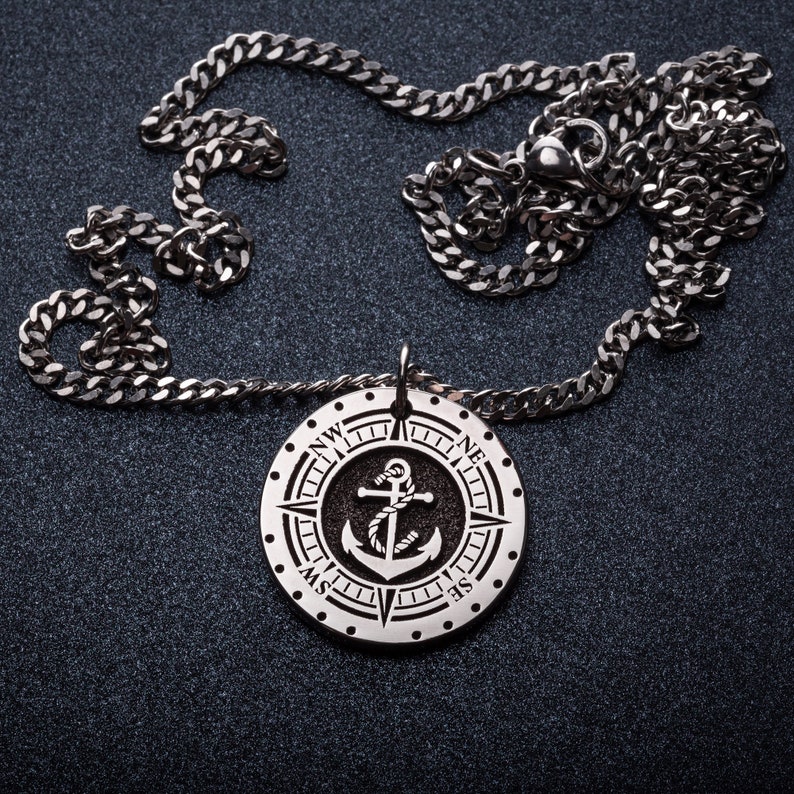 Anchor Pendant with Compass Custom Nautical Anchor Necklace for Boat Owner Gift Sailor Men's Necklace Mens Father's Day Gift for Him image 4