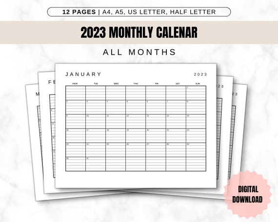 2023 Monthly Calendar Printable Pdf, Printable Calendar January to December, Planner 2023 for Ipad, Birthday Calendar, Calendar With Lines - Etsy 2023 monthly calendar printable pdf, printable calendar january to december, planner 2023 for ipad, birthday calendar, calendar with lines - etsy