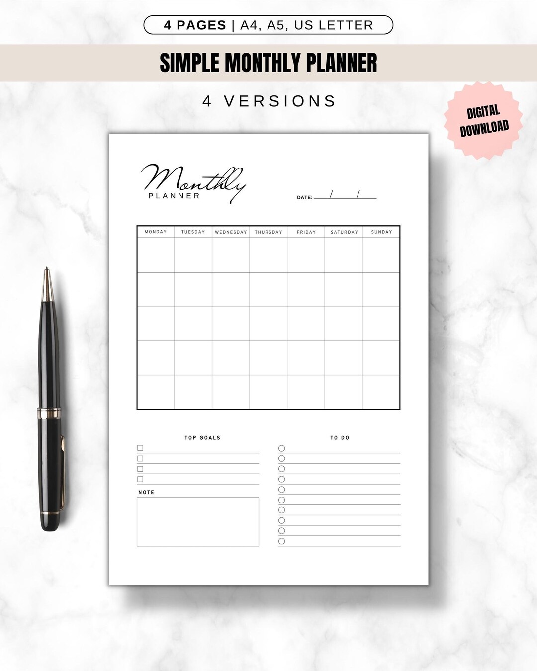 Monthly Planner Printable Monday Start Productivity Planner Etsy