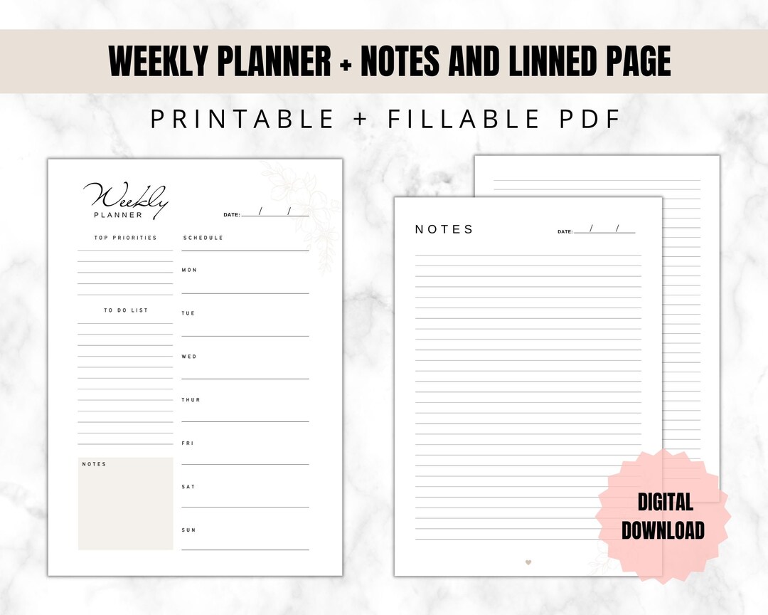 Printable Weekly Planner With Notes and Lined Pages Simple - Etsy