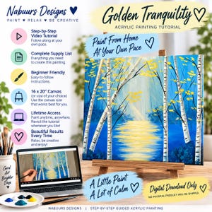 Könnte beinhalten: Ein Acrylmalerei-Tutorial mit dem Titel Golden Tranquility, das eine Landschaft mit Birken und einer gelben Spiegelung auf dem Wasser zeigt. Der digitale Download enthält ein Schritt-für-Schritt-Video, eine Materialliste und lebenslangen Zugriff.