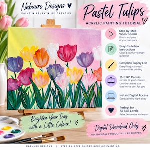 Op de afbeelding: Een acrylverf-tutorial getiteld Pastel Tulips van Nabuurs Designs. De afbeelding toont een canvas op een ezel met een kleurrijk veld van gele, oranje, roze, paarse en witte tulpen tegen een zachte achtergrond met kleurverloop.