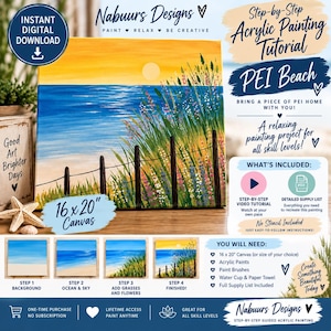 May include: A digital download for a 16 x 20 inch acrylic painting tutorial titled PEI Beach. The painting features a yellow sunset over a blue ocean, a sandy beach, and tall green grasses with colorful flowers behind a dark wooden fence.