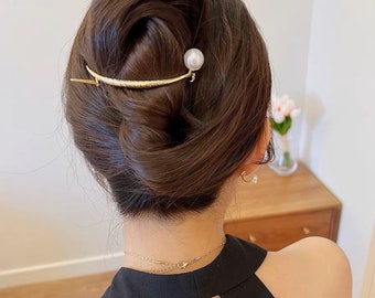 Minimalist curved line metal hair clip with pearl-gold & silver