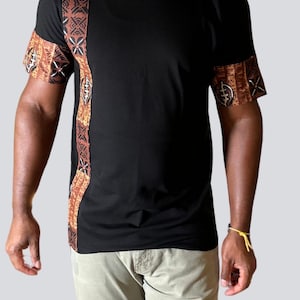 Heavyweight Unisex Tribal T-shirt with Brown Hues and  Adinkra Symbol African Fabric | Earth Toned African Fabric T-shirt