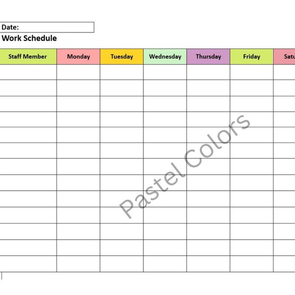 staff weekly work schedule, editable and printable. Pastel colours