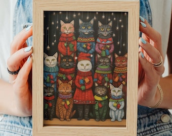Vintage Christmas Cats, Printable Wall Art, Christmas Décor, Modern Home Décor, Funny Cat Art, Kitchen Décor, Festive Season