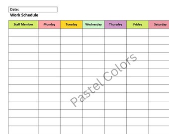staff weekly work schedule, editable and printable. Pastel colours
