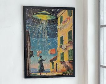 Trippy Wall Art, Retro Cosmic Art, Vintage Art, Space Art, UFO Alien, surreal science fiction fantasy sci-fi flying saucer, Digital download