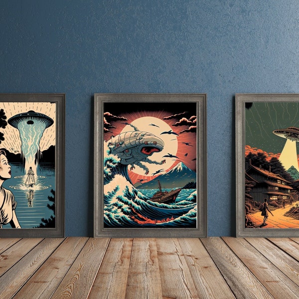 Ukiyo-e inspired sci-fi wall art, set of 6, alien invasion poster, digital wall art print, UFOs, Japanese modern home décor, cool & unique