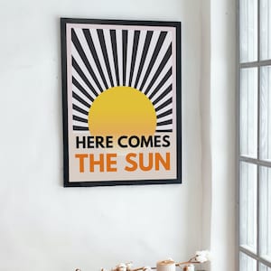 Aquí viene el sol, impresión hippie, cartel de arte de pared boho de los años 70, decoración hippie de los años 60, decoración boho, cartel vintage retro, impresión de arte de los años 70, letras
