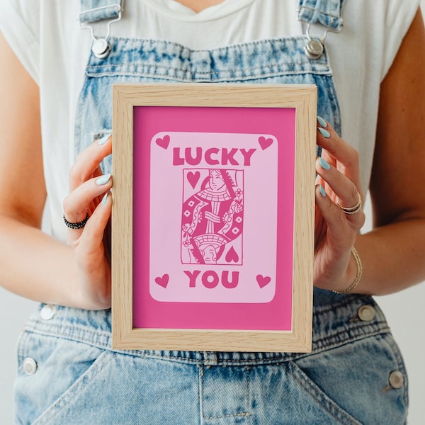 Queen of hearts, Alice in borderland, Retro trendy aesthetic Print, Pink Heart Card Poster, Lucky You, modern home décor, digital print