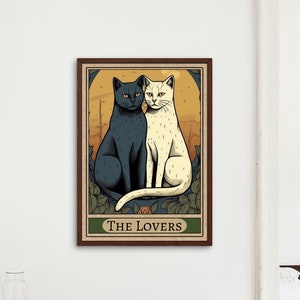 The Lovers Tarot Card, Major Arcana, Boho Witchy Wall Art, Cat Lover Gift, Digital Download Printable Tarot Card Posters, vintage retro