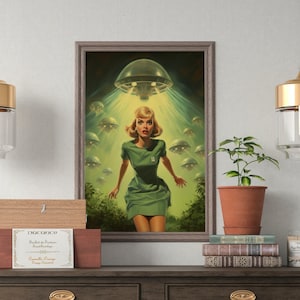 1950&#39;s Alien invasion, Trippy Wall Art, Retro Cosmic Art, Vintage Art, Space Art, surreal science fiction fantasy, Printable Wall Art