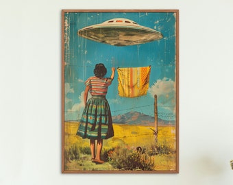 Trippy Wall Art, Retro Cosmic Art, Vintage Art, Space Art, UFO Alien, surreal science fiction fantasy sci-fi flying saucer, Digital download