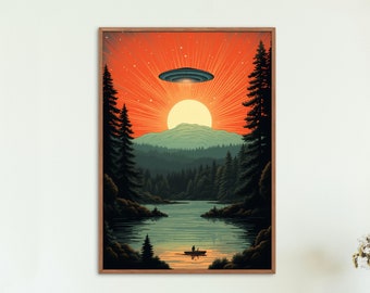 Ukiyo-e inspired sci-fi wall art, alien invasion poster, digital wall art print, UFOs, Japanese modern home décor, beautiful sunset lake