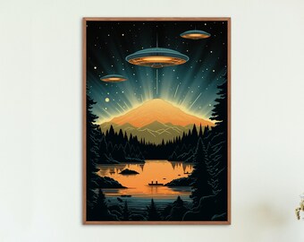Ukiyo-e inspired sci-fi wall art, alien invasion poster, digital wall art print, UFOs, Japanese modern home décor, beautiful sunset lake