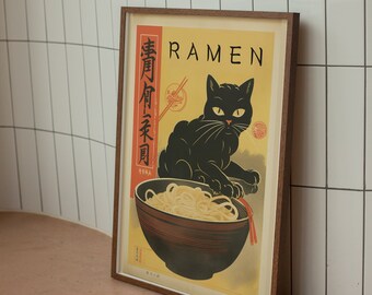 Vintage Ramen Cat Print, Japanese Kitchen Decor (PDF & PNG)