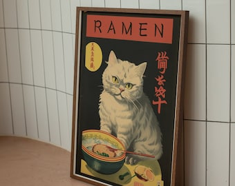 Vintage Ramen Cat Print, Japanese Kitchen Decor (PDF & PNG)