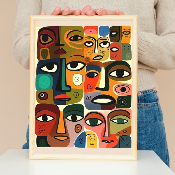 Abstract Faces Colorful Bohemian, digital download Art Print, Aesthetic Modern Home Décor, Eclectic, Vintage Retro Fine Art Exhibition