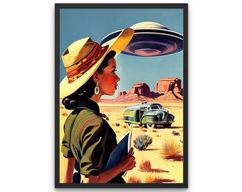 Trippy Wall Art, Retro Cosmic Art, Vintage Art, Space Art, UFO Alien, surreal science fiction fantasy sci-fi flying saucer, Digital download