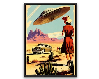 Trippy Wandkunst, Retro kosmische Kunst, Vintage Kunst, Weltraum Kunst, UFO Alien, surreale Science Fiction Fantasy Sci-Fi fliegende Untertasse, digitaler Download