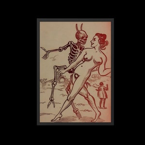May include: A red line drawing of a skeleton with horns dancing with a nude woman. A small man in a hat watches from a distance.