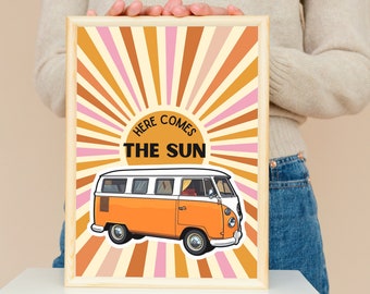 Here Comes The Sun, Hippie Print, Boho Wall Art 70s Poster, Hippie 60s Décor, Bohemian Décor, Retro Vintage Poster, 70s Art Print, lyrics