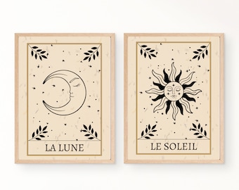 Sun & Moon Tarot Art Prints. Set of 2 Celestial Wall Art, Boho home Décor. digital Wall Art. Wall Prints. Moon Gift. Bedroom Décor, witches
