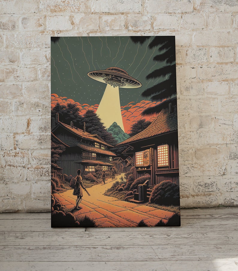 Ukiyo-e inspired sci-fi wall art, set of 6, alien invasion poster, digital wall art print, UFOs, Japanese modern home décor, cool & unique image 5