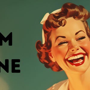 May include: A woman with red hair and a white headband laughs while looking at the camera. The text "I'M FINE" is written in black letters on a green background.
