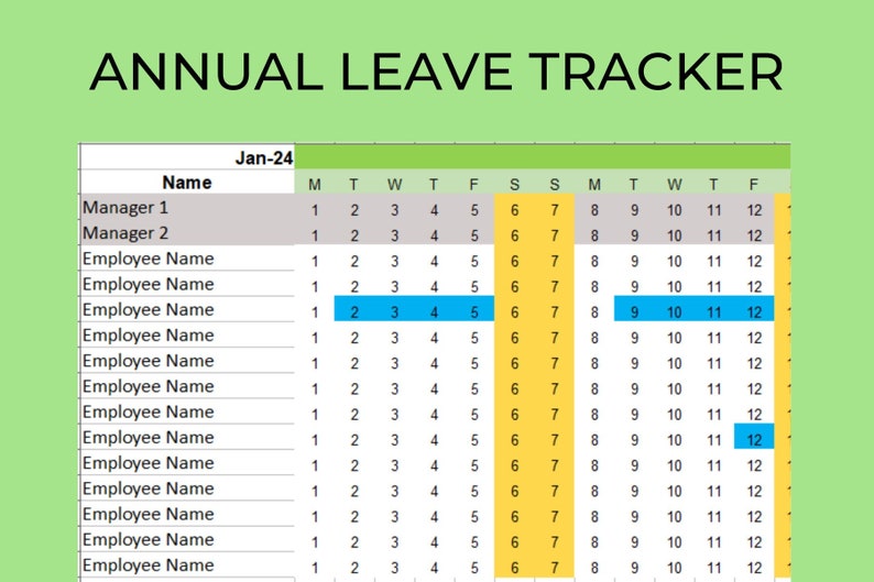 Staff Annual Leave Tracker, Holiday Calendar for Work, Excel 2024/2025