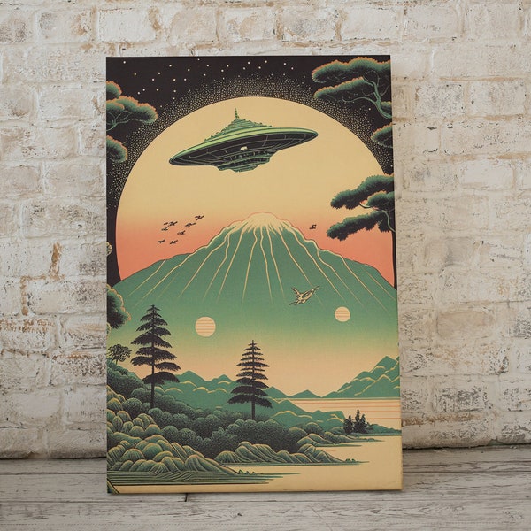 Ukiyo-e inspired sci-fi wall art, alien invasion poster, digital wall art print, UFOs, Japanese modern home décor, beautiful sunset mountain