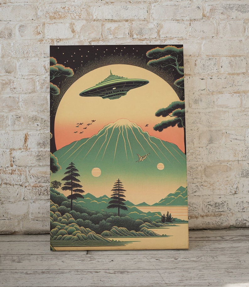 Ukiyo-e inspired sci-fi wall art, set of 6, alien invasion poster, digital wall art print, UFOs, Japanese modern home décor, cool & unique image 9