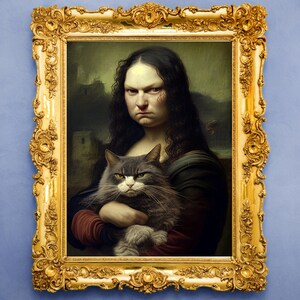 Mona Lisa&#39;s cat-lady sister, funny vintage wall art home décor, Leonardo Da Vinci altered art oil painting print, digital art, Mona Lisa cat