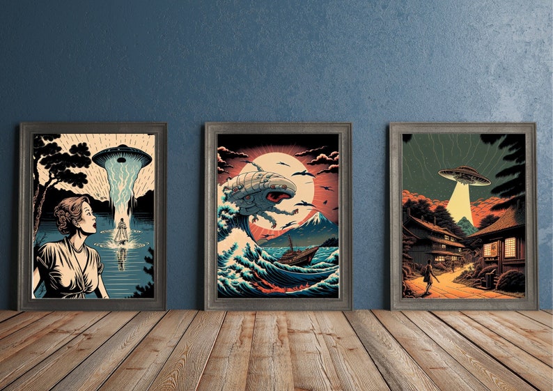 Ukiyo-e inspired sci-fi wall art, set of 6, alien invasion poster, digital wall art print, UFOs, Japanese modern home décor, cool & unique image 1
