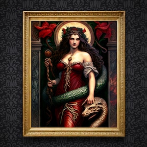 Lilith with snake wall art, vintage oil painting, dark art, occult poster, gothic home décor, witchcraft witch, wiccan art demonic folklore