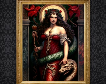 Lilith with snake wall art, vintage oil painting, dark art, occult poster, gothic home décor, witchcraft witch, wiccan art demonic folklore