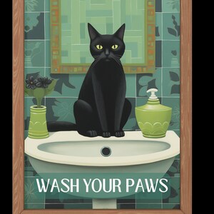 Cartello Divertente In Latta Wash Your Paws - Gatto Nero, Vintage 30x20 Cm, Decorazione Per Bagno, Bar, Casa, Regalo Ironico