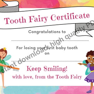 certyfikat wróżki zębowej, list wróżki zębowej, certyfikat pierwszego zgubionego zęba, natychmiastowe pobieranie plików PDF i PNG